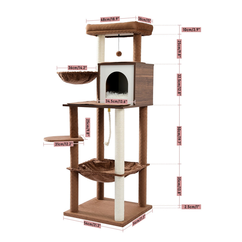 Torre de actividades para gatos moderna con árbol para gatos de varios niveles de pulgadas con postes para rascar sisal hamaca y juguete para gatos con percha superior extragrande