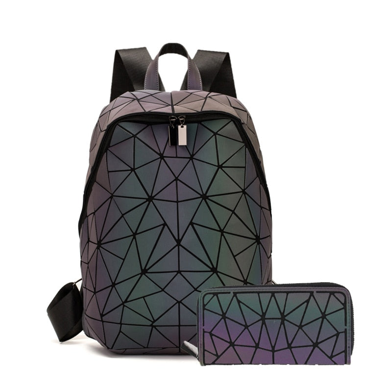 Set Rucksäcke Frauen Geometrische Leuchtende Rucksack Schulgeldbörse Holographische Nachtleuchtende Reise Bagpack Studentin Rucksack 2021