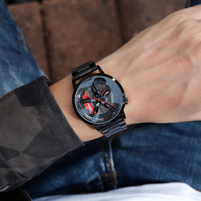Mann-Mode-Auto-Felgen-Uhr fertigen Auto-Armbanduhr kundenspezifisch an Alle Stahl-kundenspezifische nicht druckende Felgen-Naben-Uhren Relogio Masculino