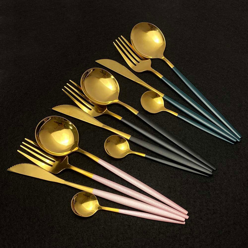 30Pcs Shiny Gold Cutlery Set Stainless Steel Dinnerware Set Knife Dessert Fork Spoon Dinner Silverware Set Kitchen Tableware Set