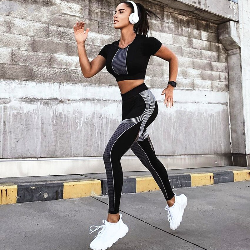 Nahtloses Sport-Set Frauen weiblich schwarz zwei 2-teiliges bauchfreies Oberteil mit hoher Taille Leggings Sportsuit Workout Outfit Fitness Gym Yoga-Sets