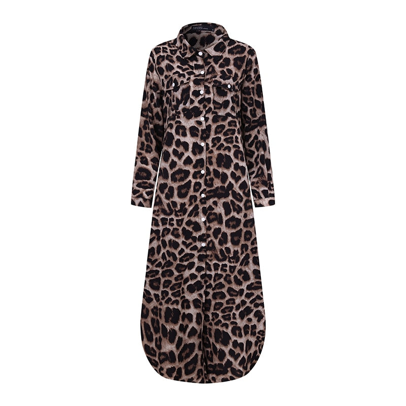 ZANZEA Party Holiday Longue Robe Damen Herbst Mode Hemdkleid Casual Vintage Leopard Kleider Damen Revers Lange Vestidos