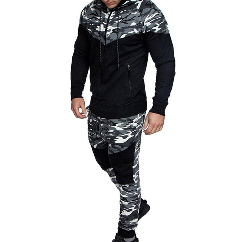 Männer Kausal Camouflage Patchwork Sets Camo Reißverschluss Jacke + Hose 2PC Trainingsanzug Sportwear Hoodies Sweatshirt Hosenanzug Plus Größe