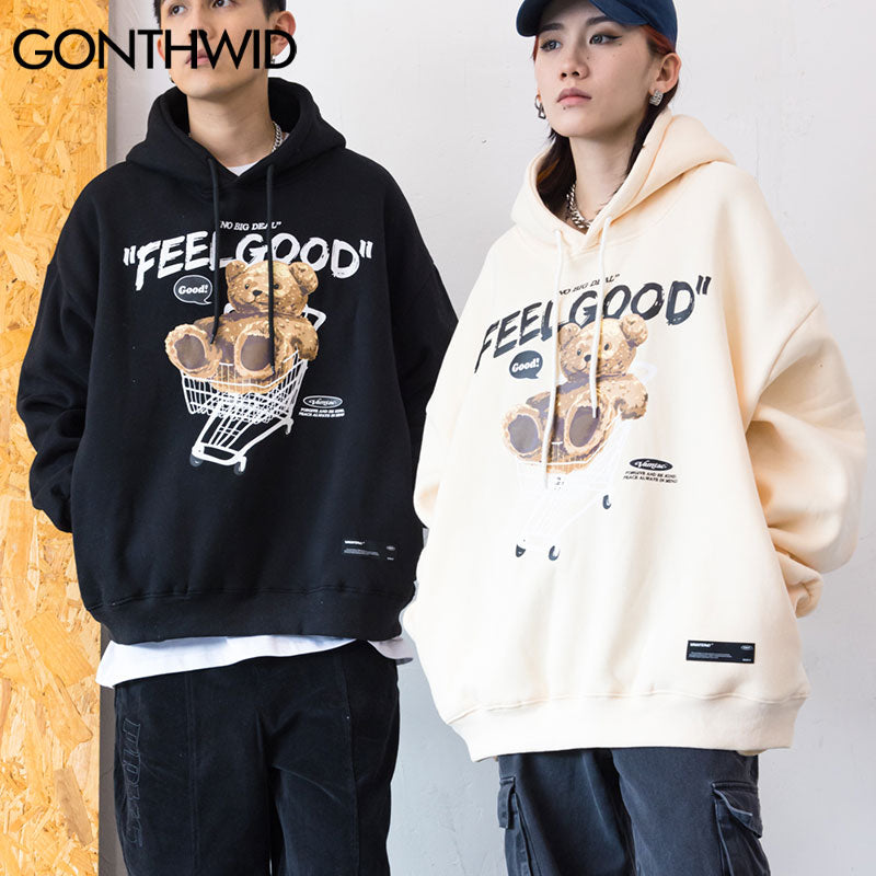 GONTHWID Men Hip Hop Hoodie Sweatshirt Streetwear Funny Bear Print Hooded Harajuku Winter Cotton Fleece Pullover Khaki Black