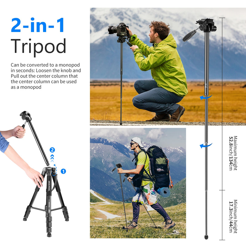 Neewer Camera Tripod Monopod Aluminum Alloy with 3-Way Swivel Pan Head Carrying Bag for Sony/Canon Portable 70 inches/177 cm