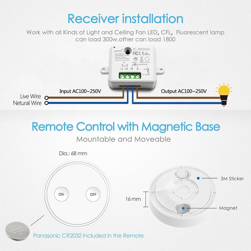 Interruptor de luz inalámbrico de control remoto con módulo de relé pequeño Interruptor de pared magnético de 2500 W o ser portátil Alcance de 200 m Fácil de instalar