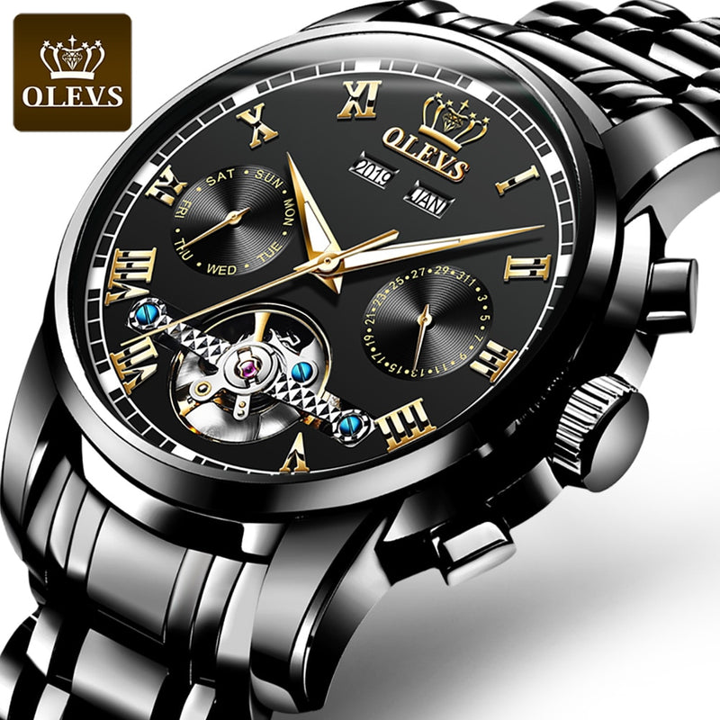 OLEVS Automatische Mechanische Herrenuhren Edelstahl Wasserdicht Datum Woche Grün Mode Klassische Armbanduhren Reloj Hombre