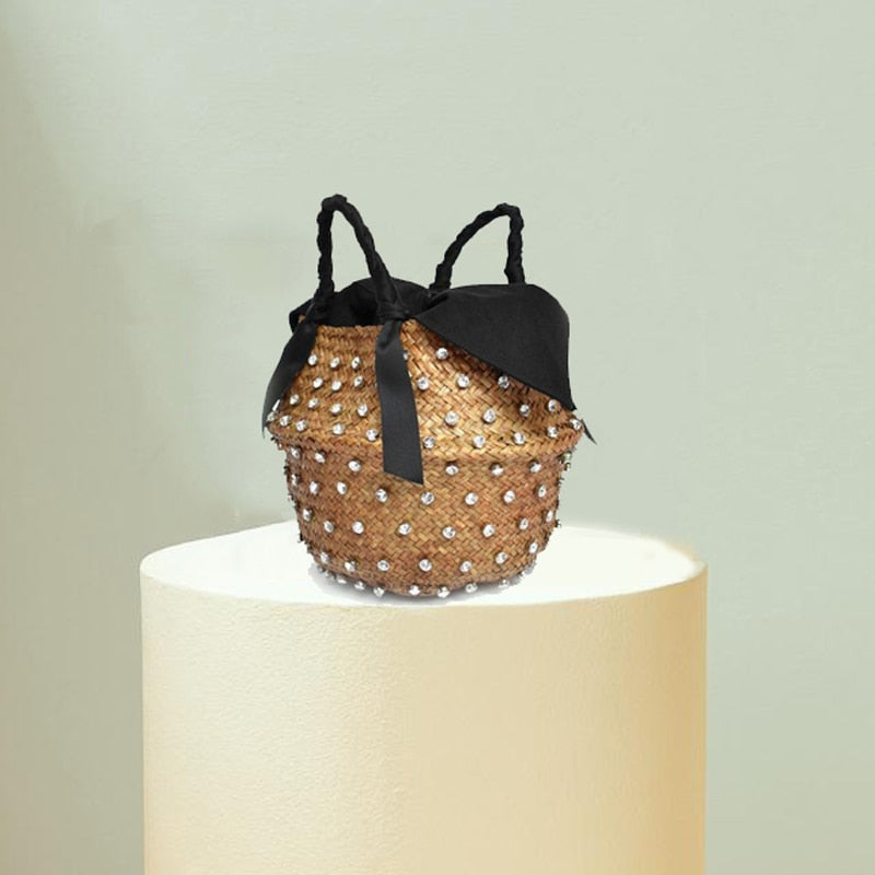 Costura hecha a mano vacaciones moda cristal cesta tejida diamante bolso de mano bolsos de lujo mujeres bolsos diseñador bolsos de paja caliente