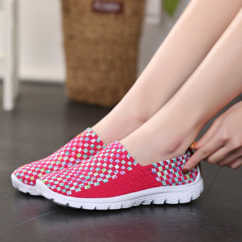 STRONGSHEN Women Shoes Summer Flats Breathe Female Sneaker Woven Walking Shoes Slip On Ladies Loafers Handmade Shoes Size 35-41