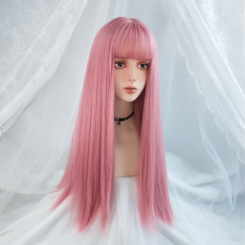 VICWIG Cosplay-Perücke mit Pony Synthetisches glattes Haar 24 Zoll lange hitzebeständige rosa Perücke für Frauen