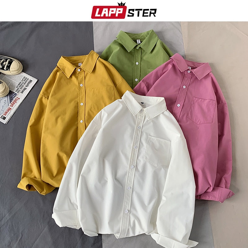 LAPPSTER Men Colorful Pocket Korean Shirts 2023 Autumn Long Sleeve Shirts For Men Harajuku Fashions Plus Size Oversized Clothing