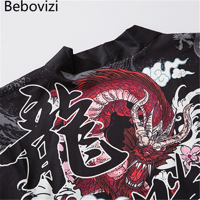 Bebovizi Drachendruck Yukata Männer Frauen Mode Strickjacke Lose Bluse Haori Obi Asiatische Kleidung Harajuku Japanischer Cosplay Kimono