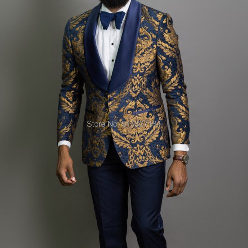 Navy Blue Floral Jacquard Prom Men Suits for Wedding 3 Piece Slim Fit Groom Tuxedo African Male Fashion Costume Jacket Pants