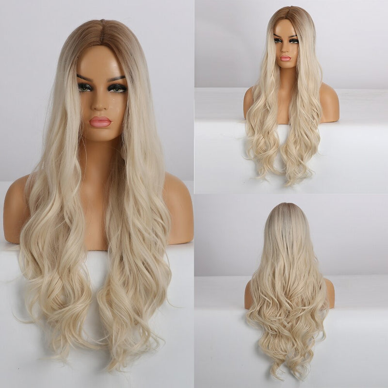 GEMMA Long Wavy Natural Middle Part Synthetic Wig Women Fake Hair Heat Resistant Black Brown Blonde Red Highlight Cosplay Wigs