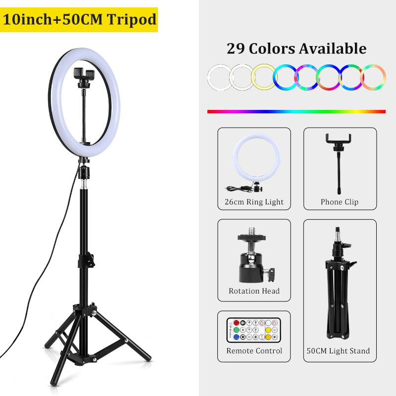 RGB-LED-Ringlicht mit Ständer, bunte Beleuchtung, 29 Farblicht, 3 normale Modi, dimmbares Selfie-10-Zoll-Ringlicht für Youtube-Video