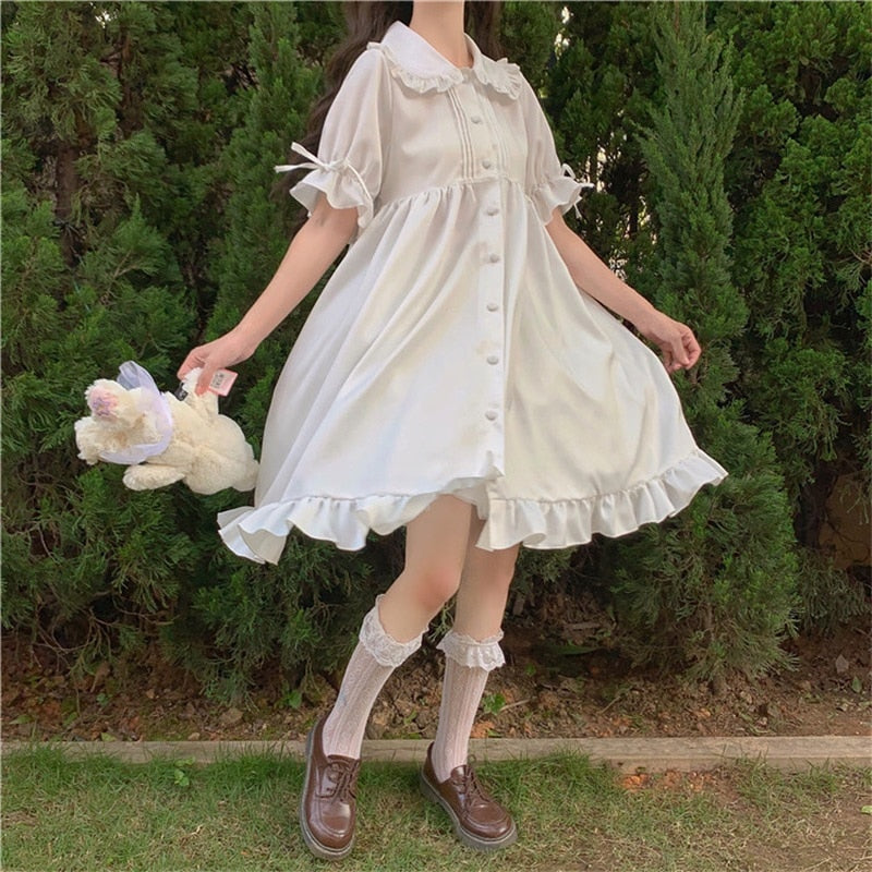 Japanese Sweet Girl Lolita Drees Kawaii Peter Pan Collar Cute Ruffle Puff Sleeve Drees Solid Color Elegant Retro Lady Drees