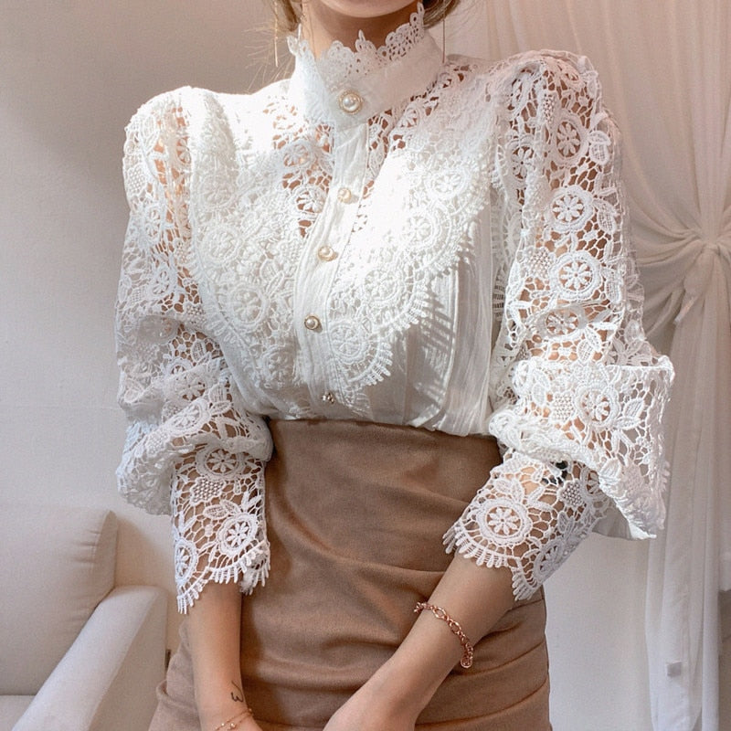 Korean Chic Lace Blouse Women White Patchwork Shirt Button Hollow Out Tops Flower Stand Collar Blusas Petal Sleeve Blouses 12419