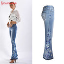 Stickerei Stretching Flare Jeans Damen Elastizität Bell-Bottoms Jeans für Mädchen Hellblaue Hose Damen Jeans Größe