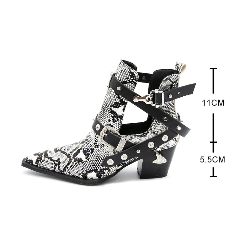 2022 Motorcycle Western Cowboy Boots Women Snake PU Leather Short Cossacks High Heels Cowgirl Booties Buckle Ankle botas Shoes