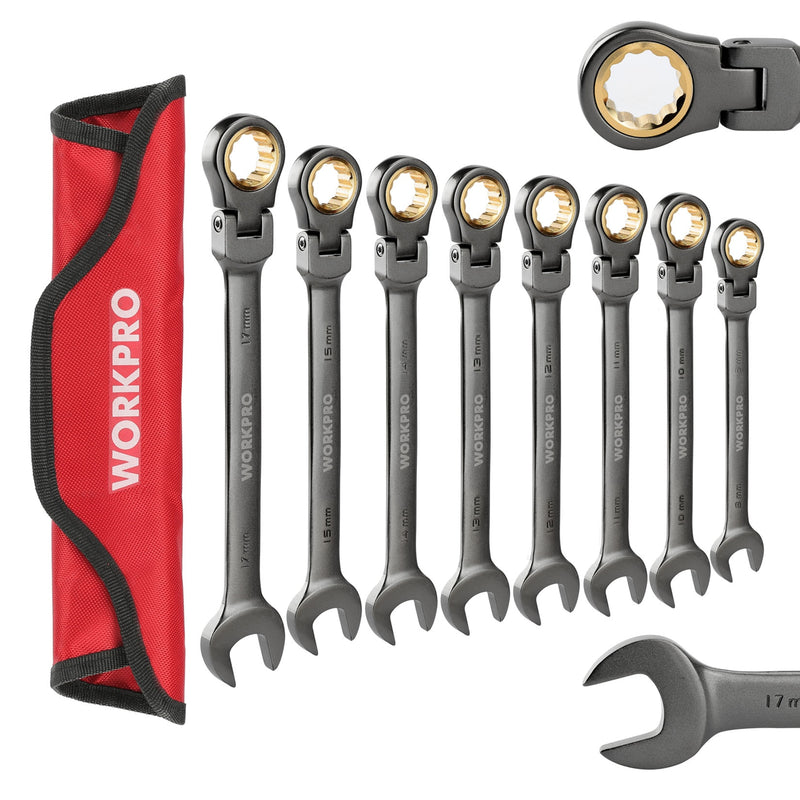 WORKPRO 8PC Wrench Set Flex-head Ratcheting Combination Wrenches Metric/SAE Ratchet Spanners Set Car Repair Tools