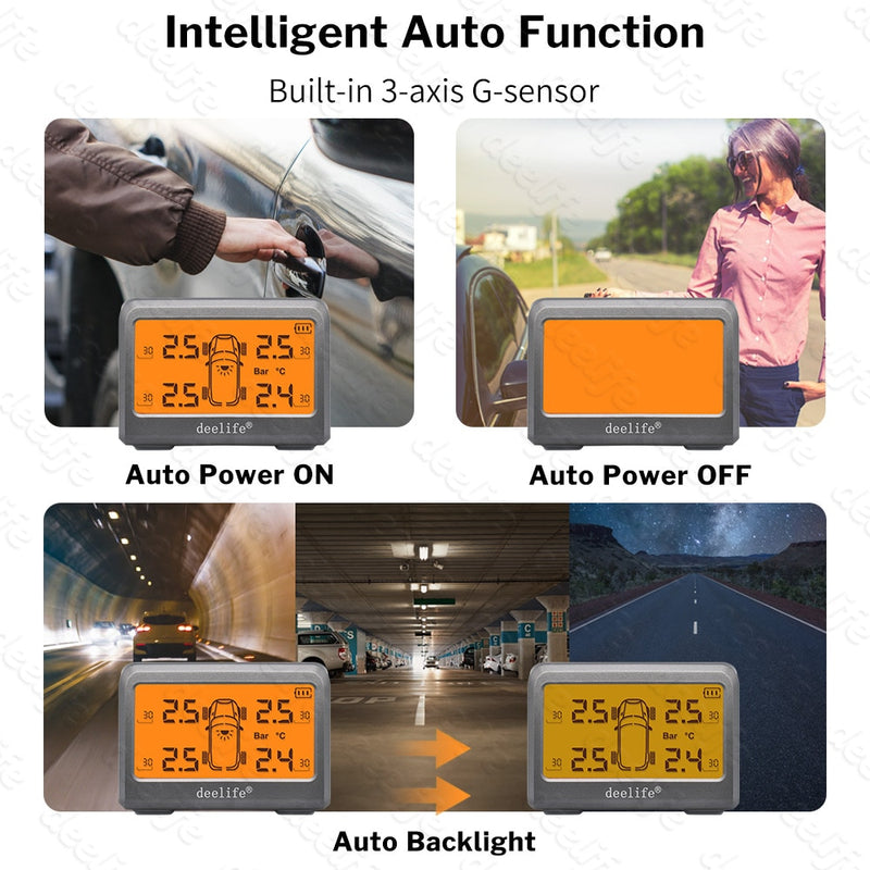 Sistema de control de presión de neumáticos de coche con sensor solar TPMS de Deelife para neumáticos de 4 ruedas TMPS