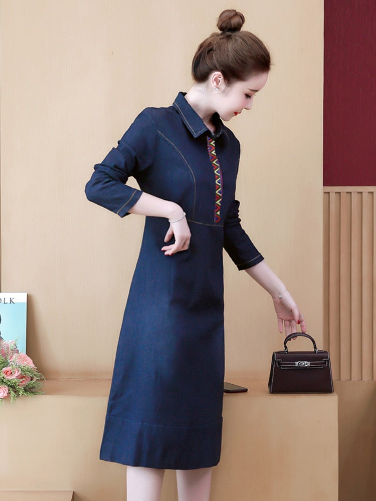 S-5XL Women Denim Dress Spring Autumn New Fashion Printing Blue Dresses Long-sleeve Loose Cotton Mid-length Dress Female