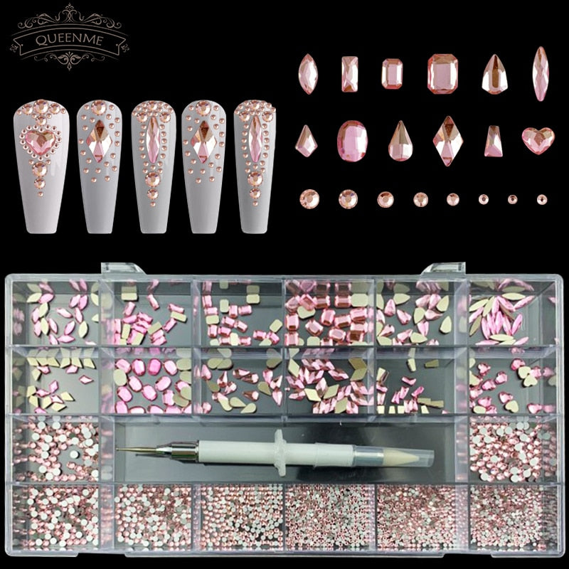 21 rejillas de cristales, diamantes, juego de diamantes de imitación para uñas, 3100 Uds., Kit de diamantes de imitación con reverso plano, arte de uñas brillante con 1 bolígrafo para decoraciones