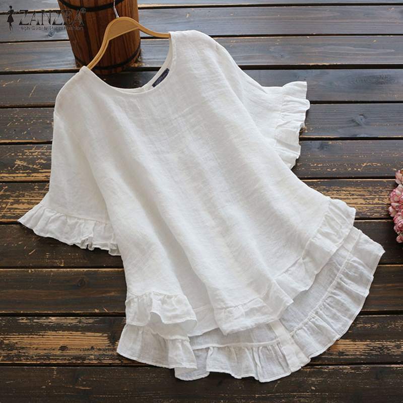 Fashion Women's Cotton Blouse Ruffle Shirts ZANZEA 2022 Causal Short Sleeve Solid Female Asymmetrical Tunic Tops Blusas Oversize