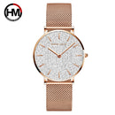 Relojes de mujer, nuevas estrellas Flash, acero inoxidable, malla de oro rosa, relojes de pulsera impermeables de cuarzo simples e informales únicos, gran oferta