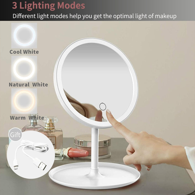 LED Makeup Mirror With Light Lamp With Storage Desktop Rotating Cosmetic Mirror Light Adjustable Dimming USB  Vanity Mirror