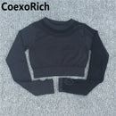 Conjunto de Yoga para mujer, ropa de gimnasio, traje deportivo, Top corto de manga larga calado sin costuras, mallas de entrenamiento de cintura alta, ropa deportiva