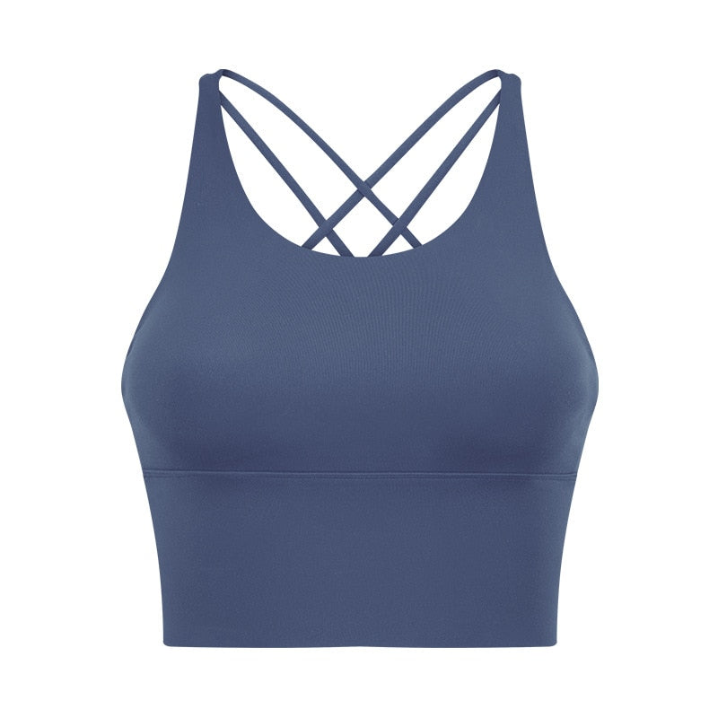 Solid Spaghetti Straps Cross Back Yoga Gym Crop Top Women Running Sport Bra Padded Activewear Exercise Fitness Cropped Tank Tops