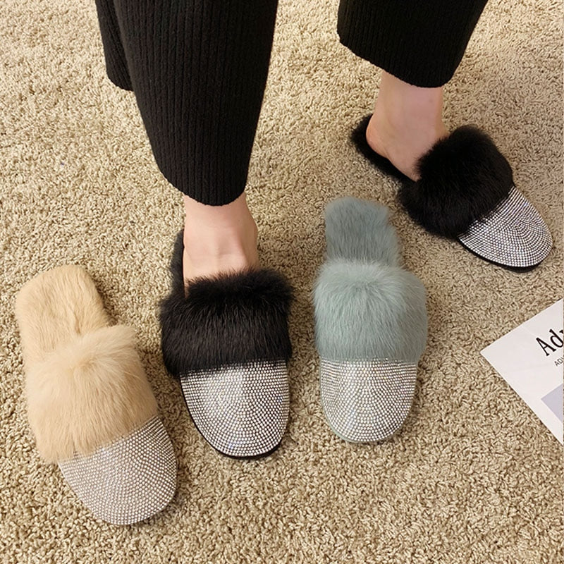 Women Slippers Ladies House Luxury 2023 Rhinestone Fur Crystal Winter Home Female Outdoor Mules Flats Shoes Slides For Women