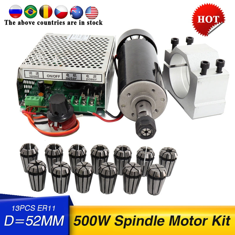 Freies Verschiffen 500w luftgekühlter Spindel Motor +13pcs ER11 Spannfutter + 52mm Klemmen + Netzteil Geschwindigkeitsregler