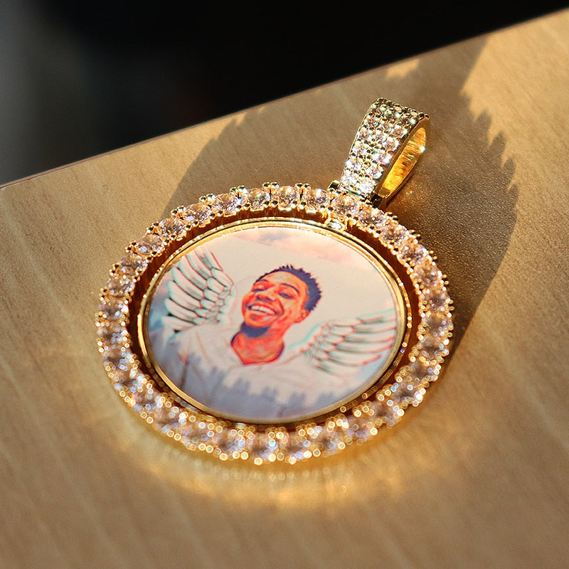 D&amp;Z Custom Made Photo Rotating Double-Sided Medaillons Pendant Micro Paved CZ Round Pendant Collier For Men Women Accessories