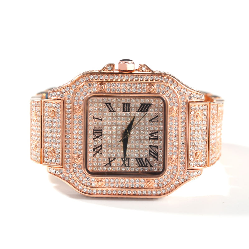 Hip Hop Full Iced Out Full Drill Men Square Watches Stainless Steel Fashion Luxury Rhinestones Quartz Square Business Watch