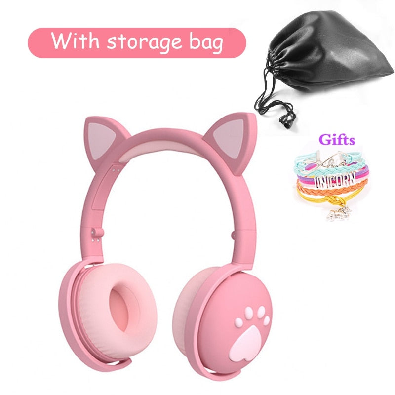 Cute Kids Headphones Wireless Earphones,Control LED light Cat Ear Girl Child Gift Blue-tooth Gaming Headset Stereo Bass With Mic