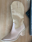 Frauen Cowboystiefel Spitzschuh Damenschuhe Prägung PU-Lederschuhe Kniehohe Stiefel Chunky Wedges Schuhe u694