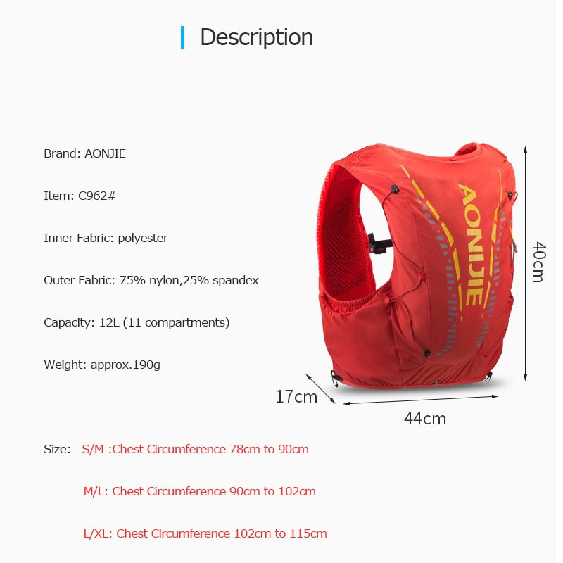 AONIJIE C962 Advanced Skin 12L Hydration Backpack Pack Bag Vest Soft Water Bladder Flask For Hiking Trail Running Marathon Race