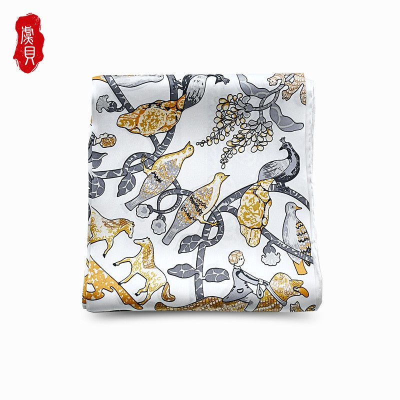 Elegant white 100% real silk satin women scarf printed with animals foulard femme square head scarfs bandana shawl gift for lady