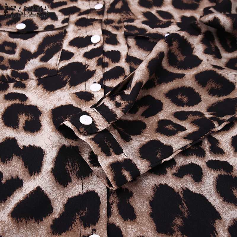 ZANZEA Party Holiday Longue Robe Mujer Otoño Moda Camisa Vestido Casual Vintage Leopardo Vestidos Mujer Solapa Vestidos Largos