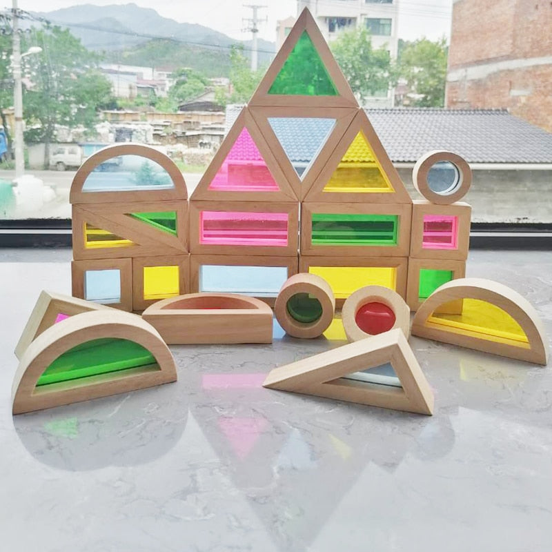 Juguetes de madera Montessori para niños, bloques de arcoíris sensoriales, bloques de construcción acrílicos apilables de madera de caucho sólido, juguetes educativos creativos