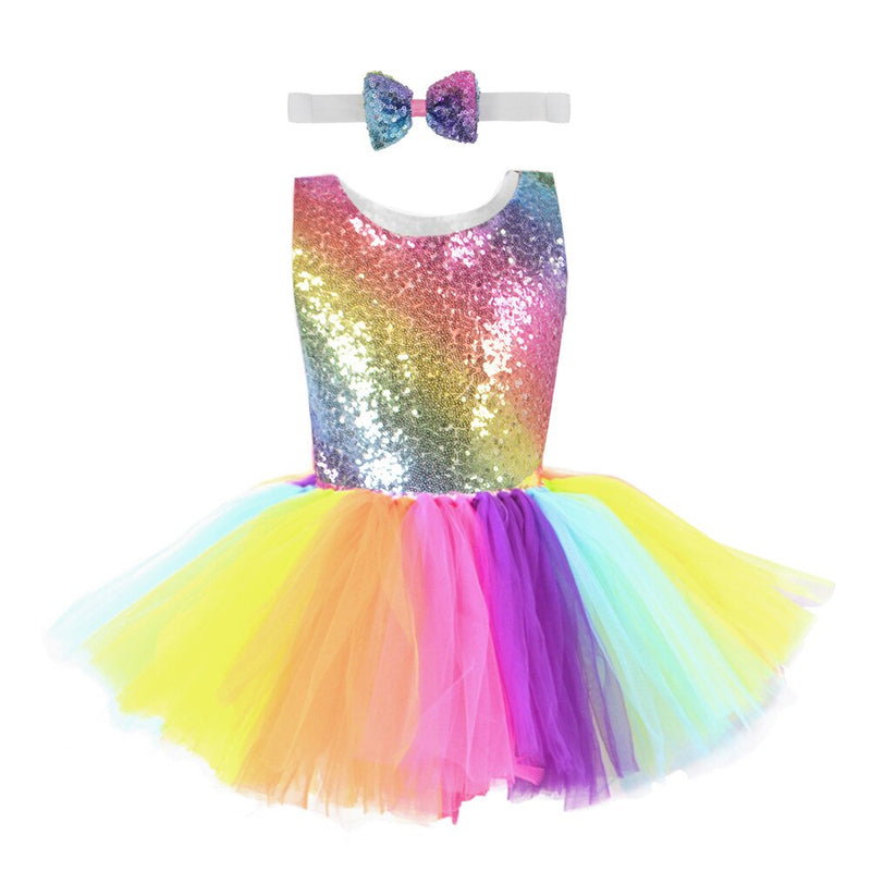 Regenbogen Pailletten Tutu Kleid für Kinder Mode Rückenfreies Ärmelloses Tüll Kleid Mädchen Kleidung Bunte Kinder Mädchen Partykleid 2-8