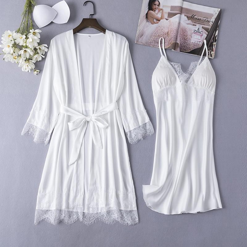 Satin Lady Robes Suit Sexy Kimono Bathrobe Gown Full Slip Lace Nightwear With Strap Nightgown Lingerie Summer Sleepwear With Bow