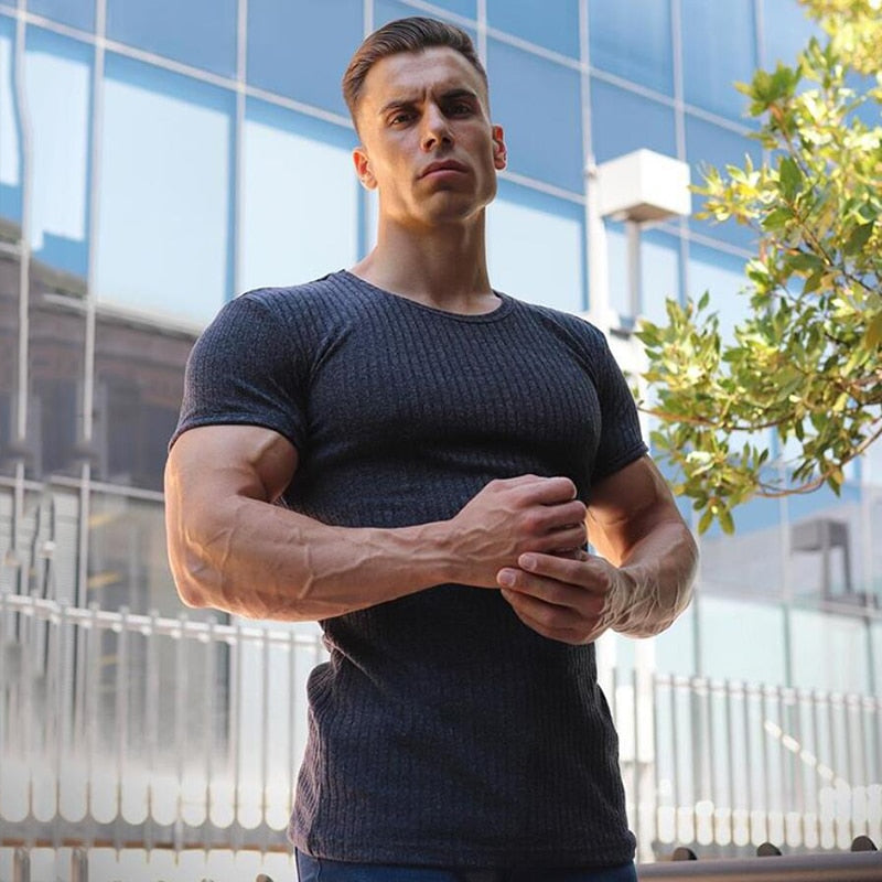 Herren V-Ausschnitt Kurzarm T-Shirt Fitness Slim Fit Sportstreifen T-Shirt Herren Solide Mode T-Shirts Tops Sommer Gestrickte Sportbekleidung