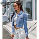 Benuynffy Vintage Puff Long Sleeve Crop Jean Jacket Women Spring Autumn Single Breasted Coat Female Outwear Casual Denim Jackets