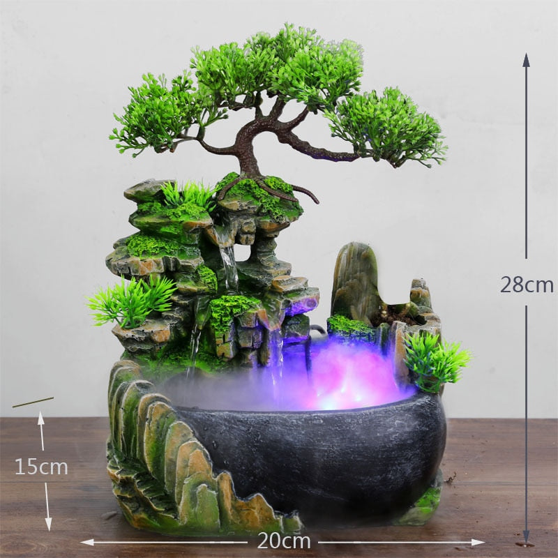 Wealth Feng Shui Company Office Tabletop Ornaments Desktop Fließendes Wasser Wasserfall Brunnen mit Farbwechsel LED-Lichter Spray