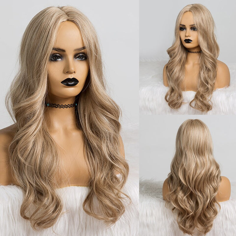 GEMMA Long Wavy Natural Middle Part Synthetic Wig Women Fake Hair Heat Resistant Black Brown Blonde Red Highlight Cosplay Wigs