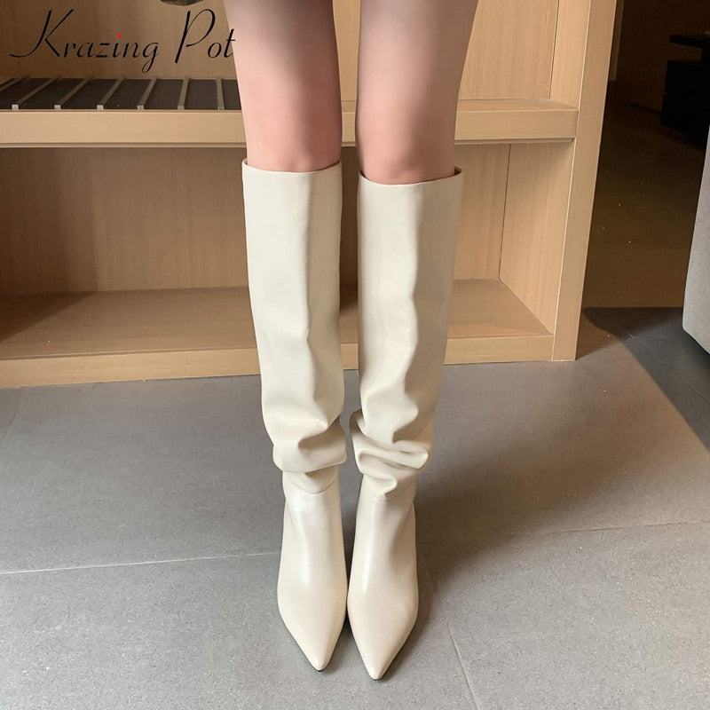 Krazing Pot 2022 Genuine Leather Pointed Toe High Heels Slip on Winter Shoes Nightclub Party Pleated Solid Knee High Boots L85