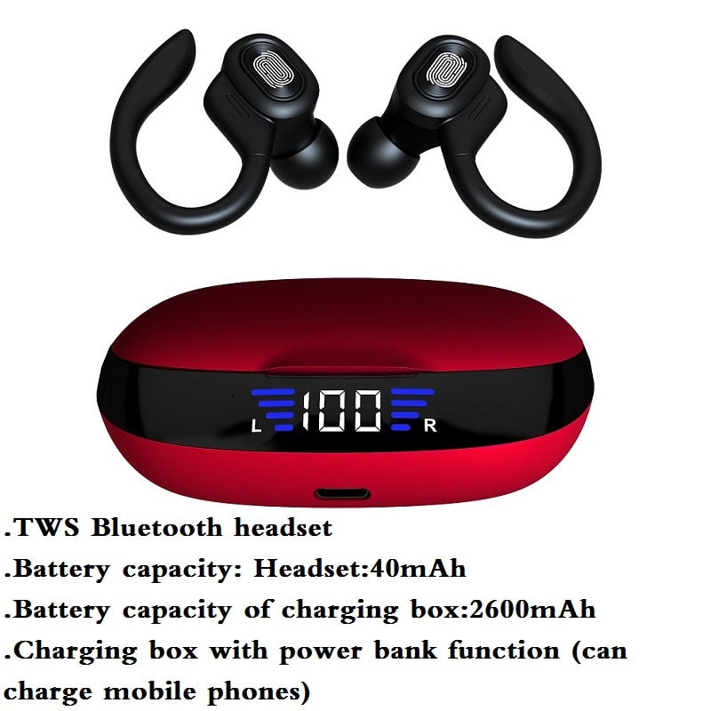 Auriculares Bluetooth TWS con micrófonos, auriculares deportivos con gancho para la oreja, auriculares inalámbricos con pantalla LED, auriculares estéreo HiFi, auriculares impermeables